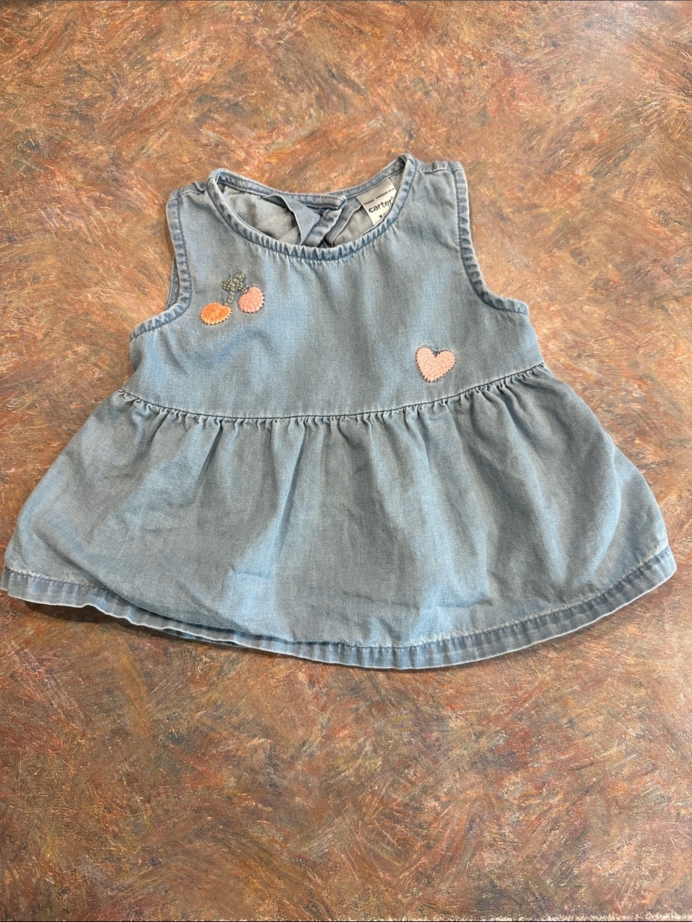 EU Carter's Denim Sleeveless Baby Top with Heart & Fruit Embroidery